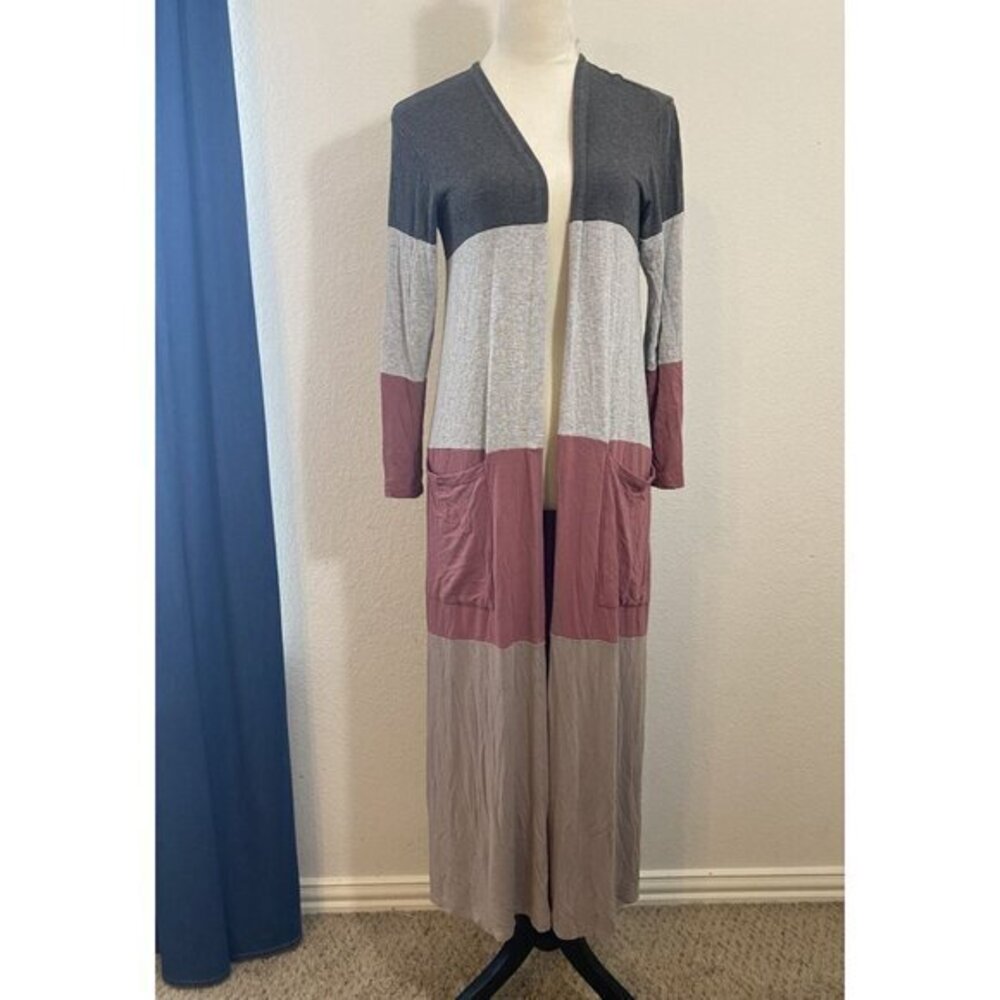Lillypad Lightweight Long Sleeve Cardigan Duster Color Block Gray Red Camel Smal